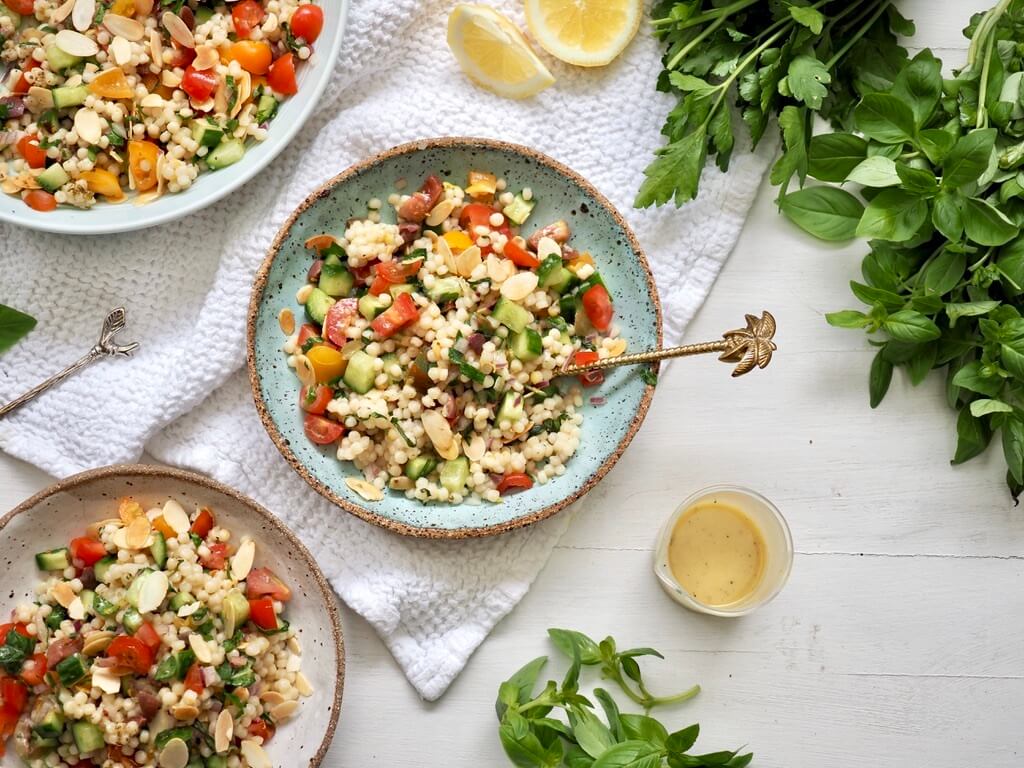 Are you hungry after eating vegetables? Try this delicious Pearl Couscous Salad with Honey Mustard Dressing from my app Back to Basics. Image: Lyndi Cohen