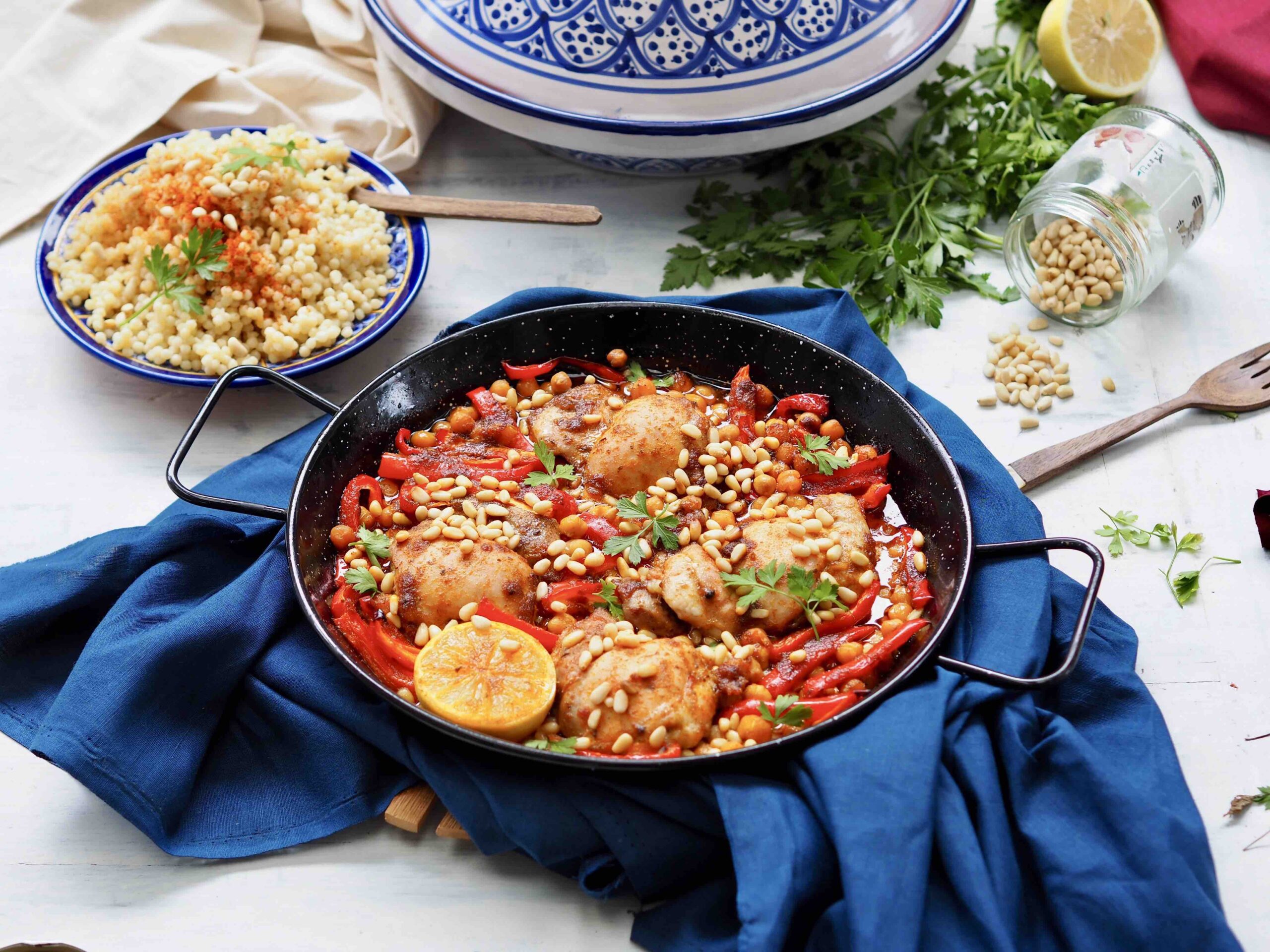 Honey Harissa One Pan Chicken with pearl couscous recipe - Lyndi Cohen