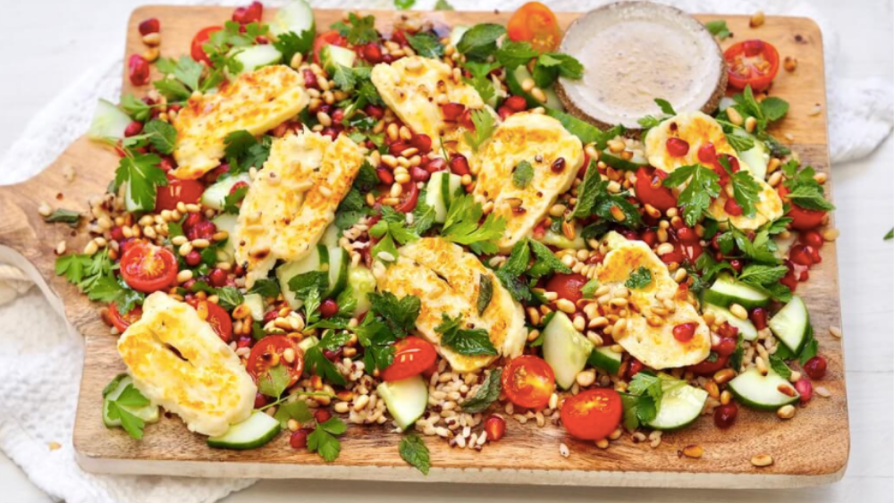 Haloumi, Brown Rice and Quinoa Salad. Proof salads don't need to be boring, or served in a bowl. Image: Lyndi Cohen 